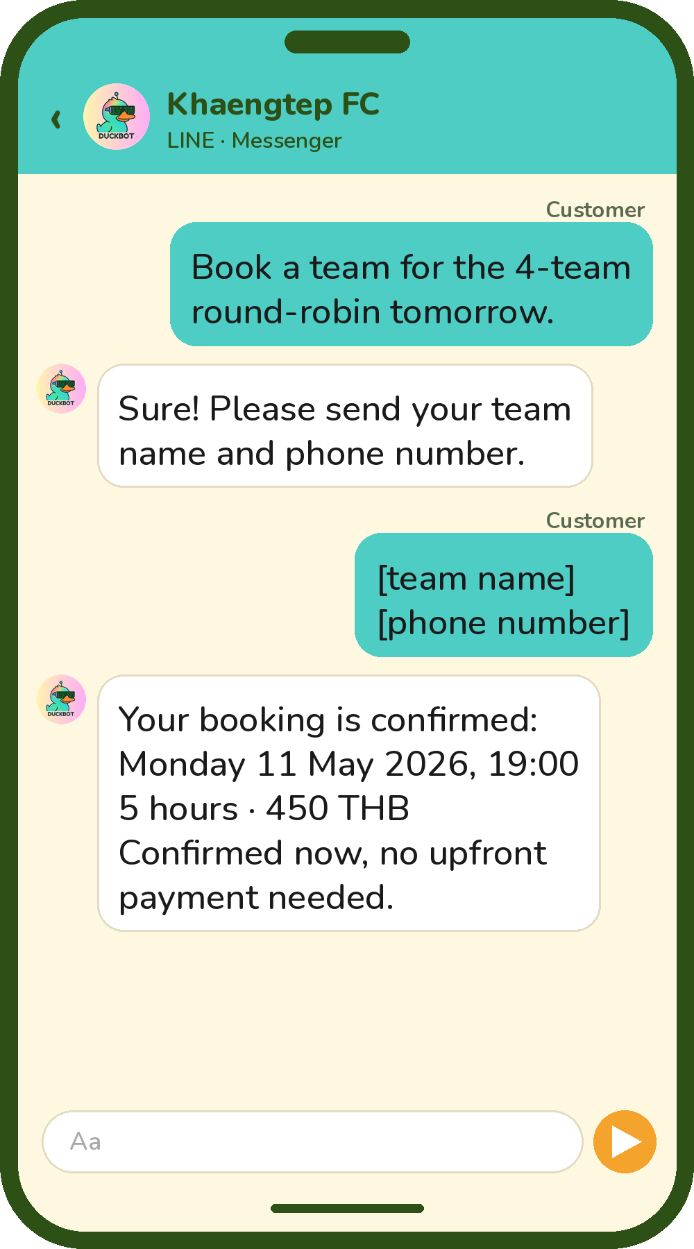 Reconstructed LINE chat: a Customer asks to book a team into tomorrow's 4-team round-robin; Duckbot asks for a team name and phone number, then confirms Monday 19:00, 5 hours, 450 THB, with no upfront payment.